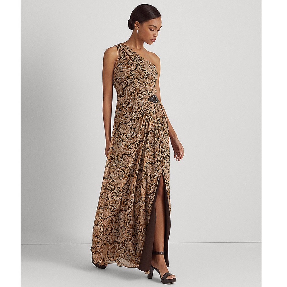 Lauren Ralph Lauren Paisley Crinkle Georgette One-Shoulder Gown size 16